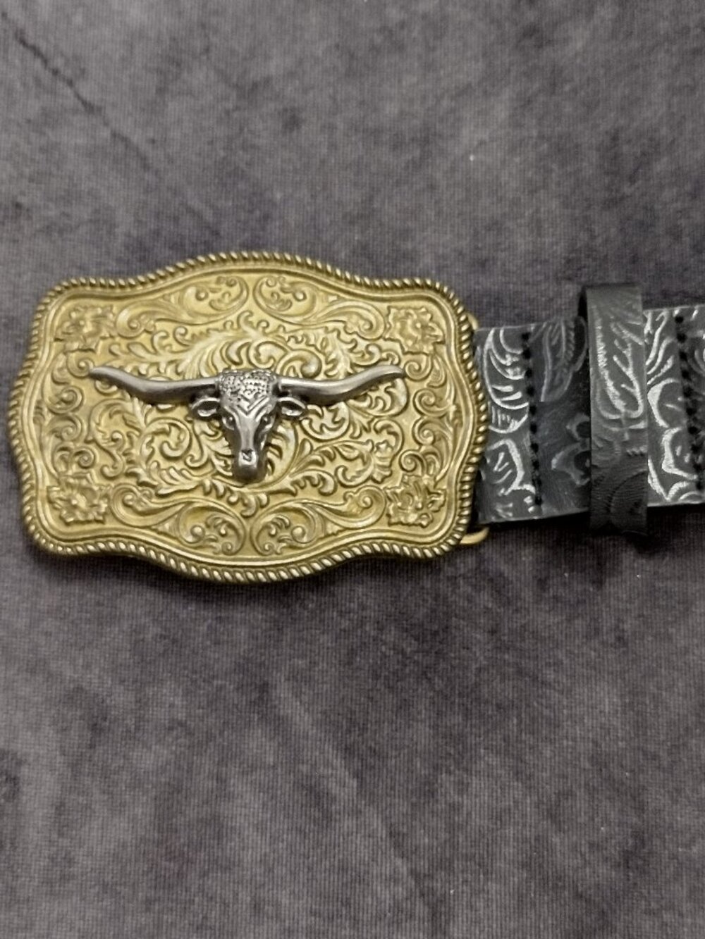 Western Longhorn Skull Statement Belt Engraved Gold Buckle Ranch Style - Picture 2 of 11